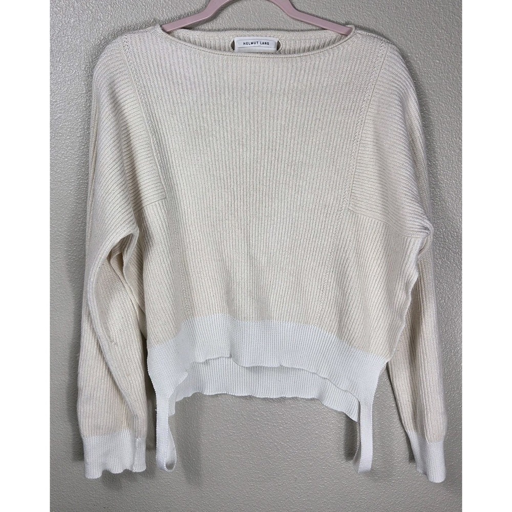 Helmut Lang Ivory Rib Knit Wool Blend Sweater Women's S High Low Hem Minimalist‎